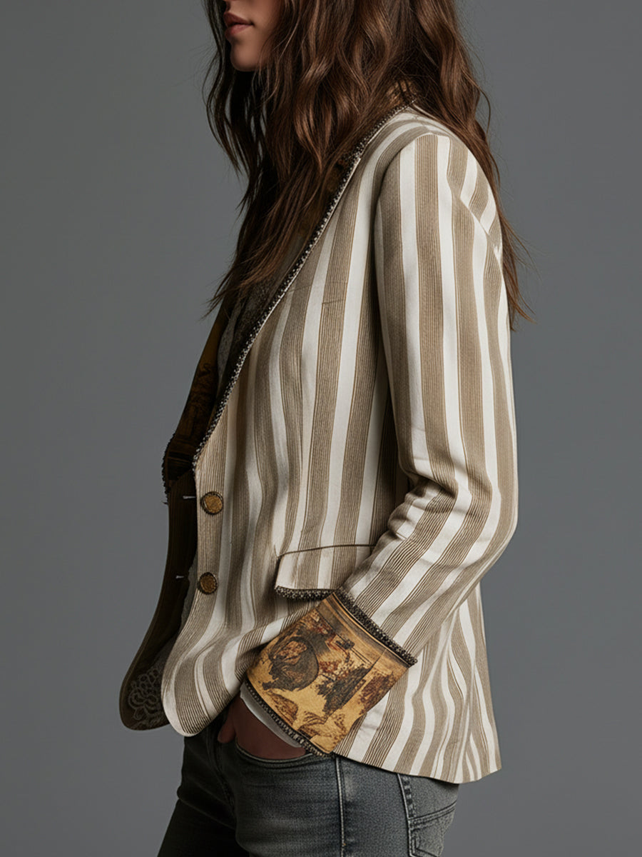Suzanne | Blazer Bohemien a Righe con Collo Stampato