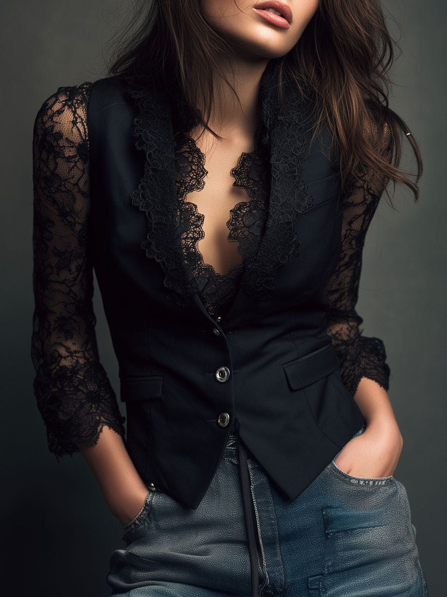 Noémie | Giacca Blazer Nera con Maniche Semi-Trasparenti