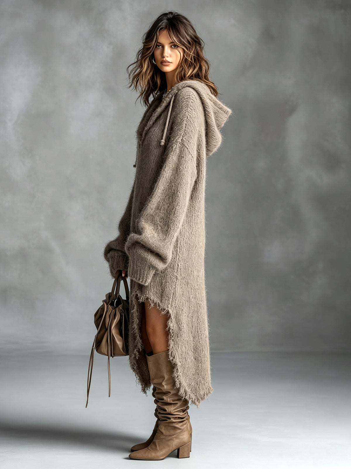 Vestito midi in maglia felpata con cappuccio