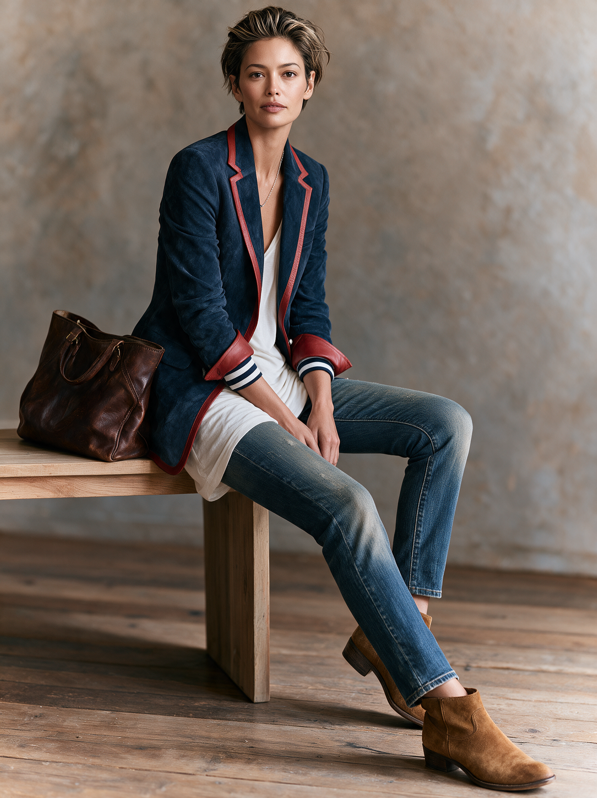 Blazer in velluto Vintage con Rifiniture in Pelle Rossa