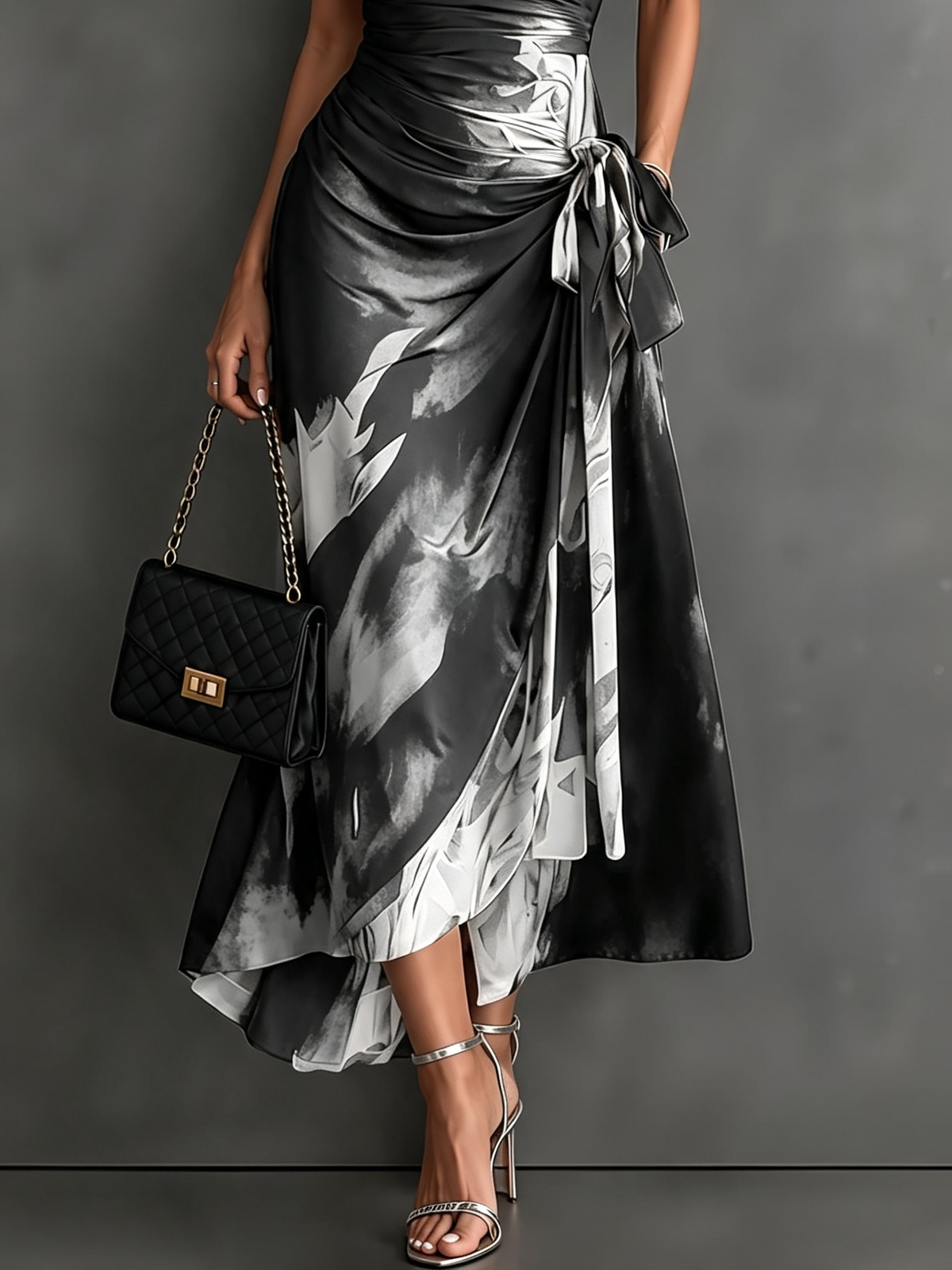 CARLOTTA | ABITO MIDI WRAP ABSTRACT IN BIANCO E NERO