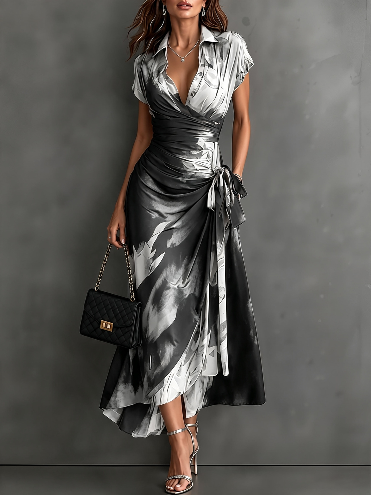CARLOTTA | ABITO MIDI WRAP ABSTRACT IN BIANCO E NERO