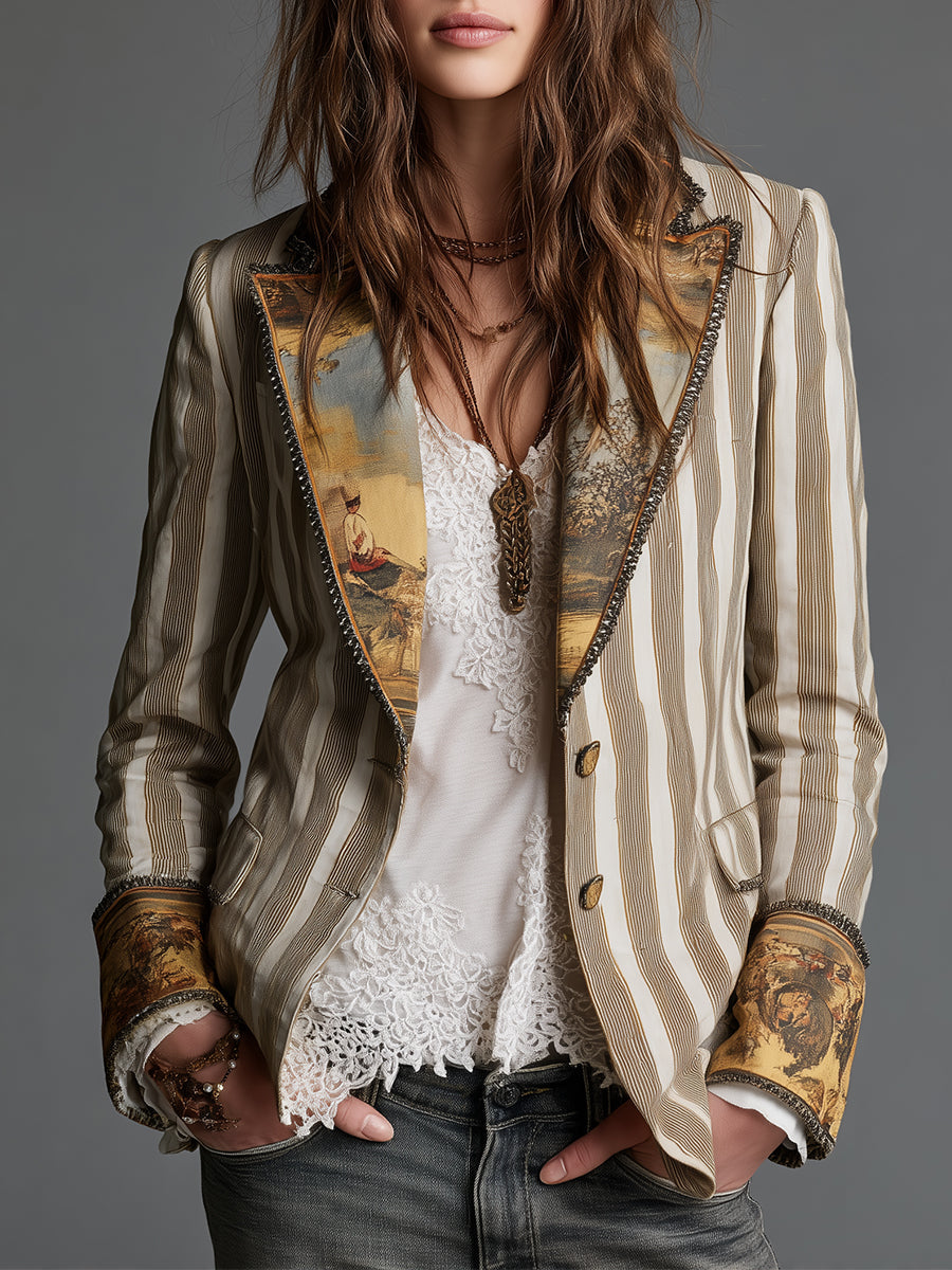 Suzanne | Blazer Bohemien a Righe con Collo Stampato
