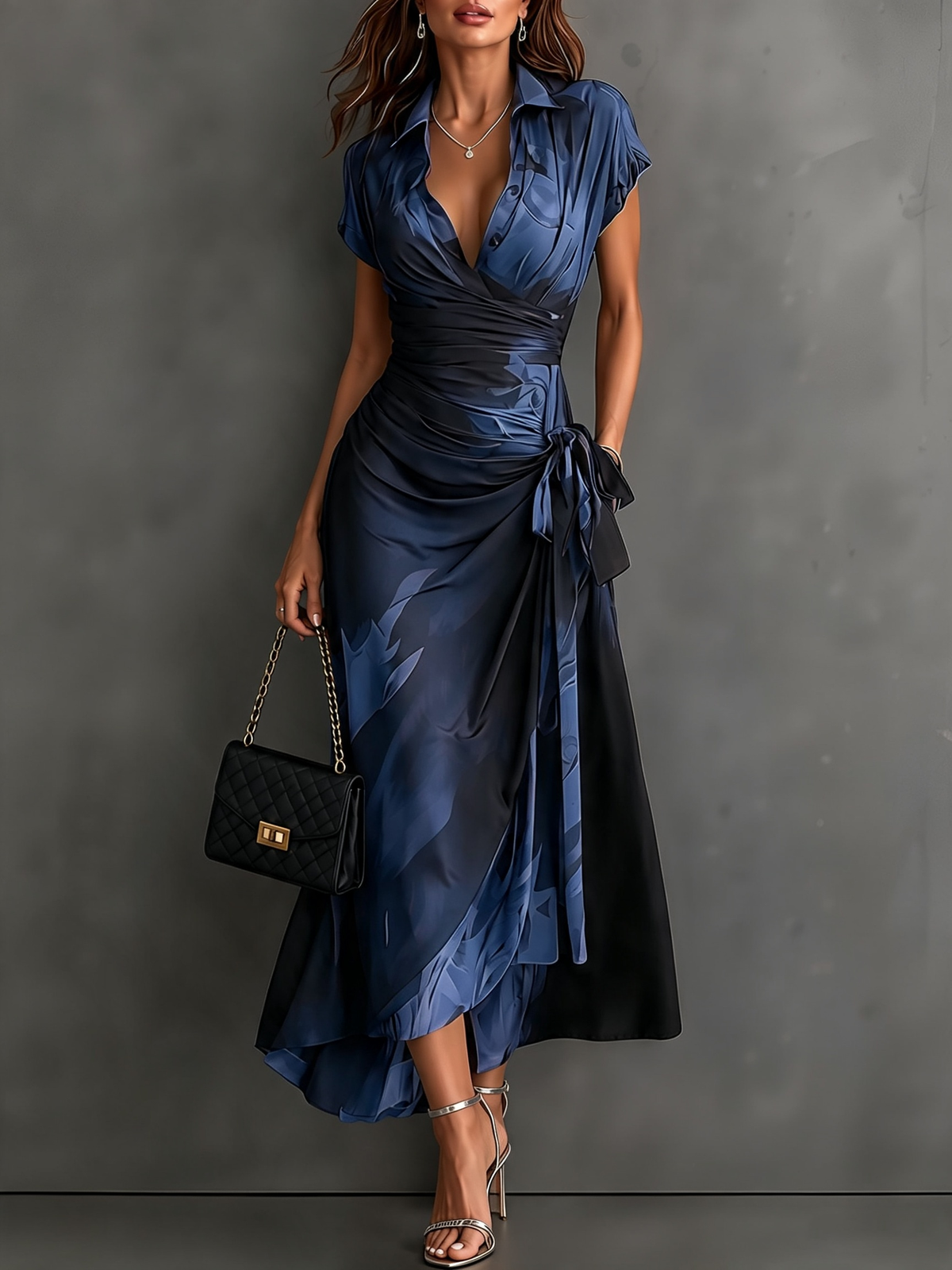 CAMILLA | ABITO MIDI AVVOLGENTE CON STAMPA ABSTRACT BLU