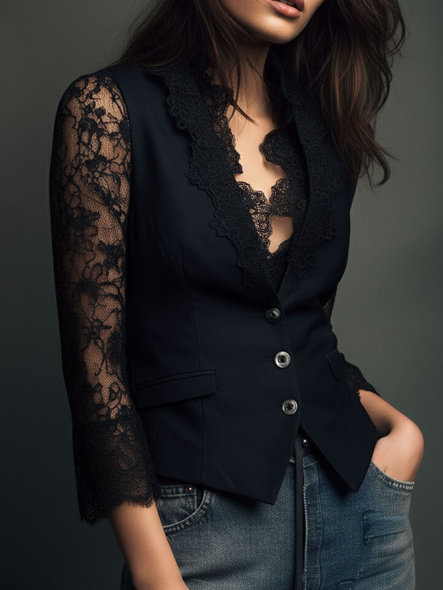 Noémie | Giacca Blazer Nera con Maniche Semi-Trasparenti