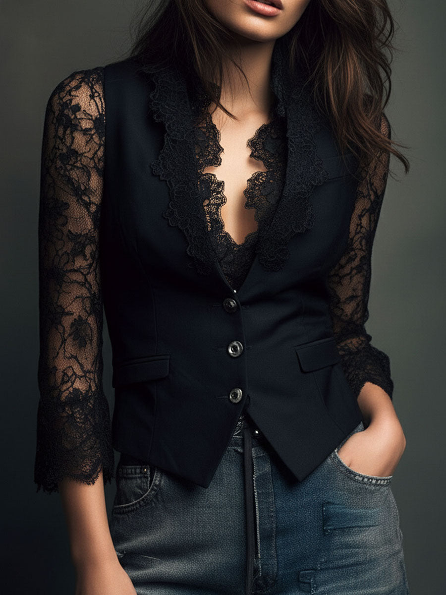 Noémie | Giacca Blazer Nera con Maniche Semi-Trasparenti