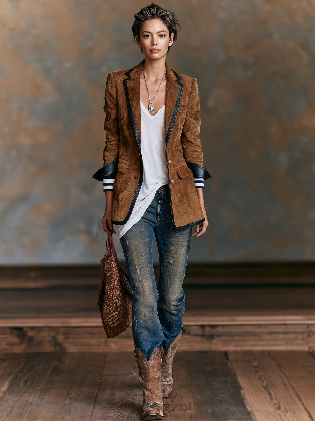 Blazer in velluto Vintage con Rifiniture in Pelle Rossa
