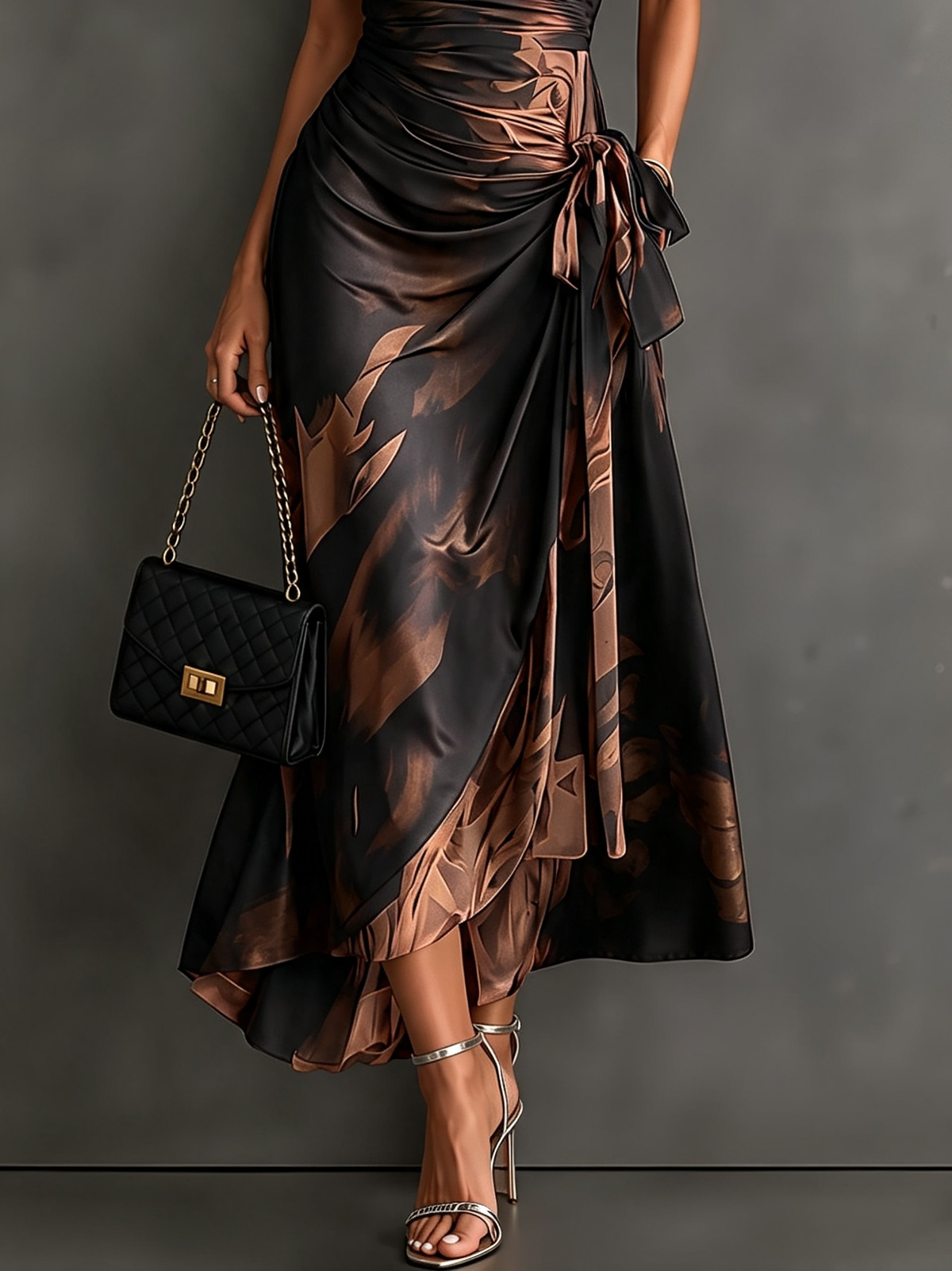 FRANCESCA | ABITO MIDI WRAP CON STAMPA ASTRALE MARRONE