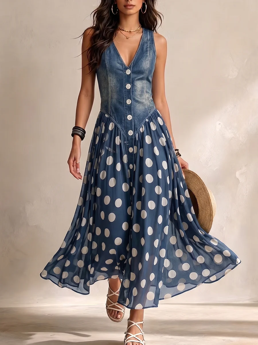 Adeline | Vestito Lungo in Denim a Pois