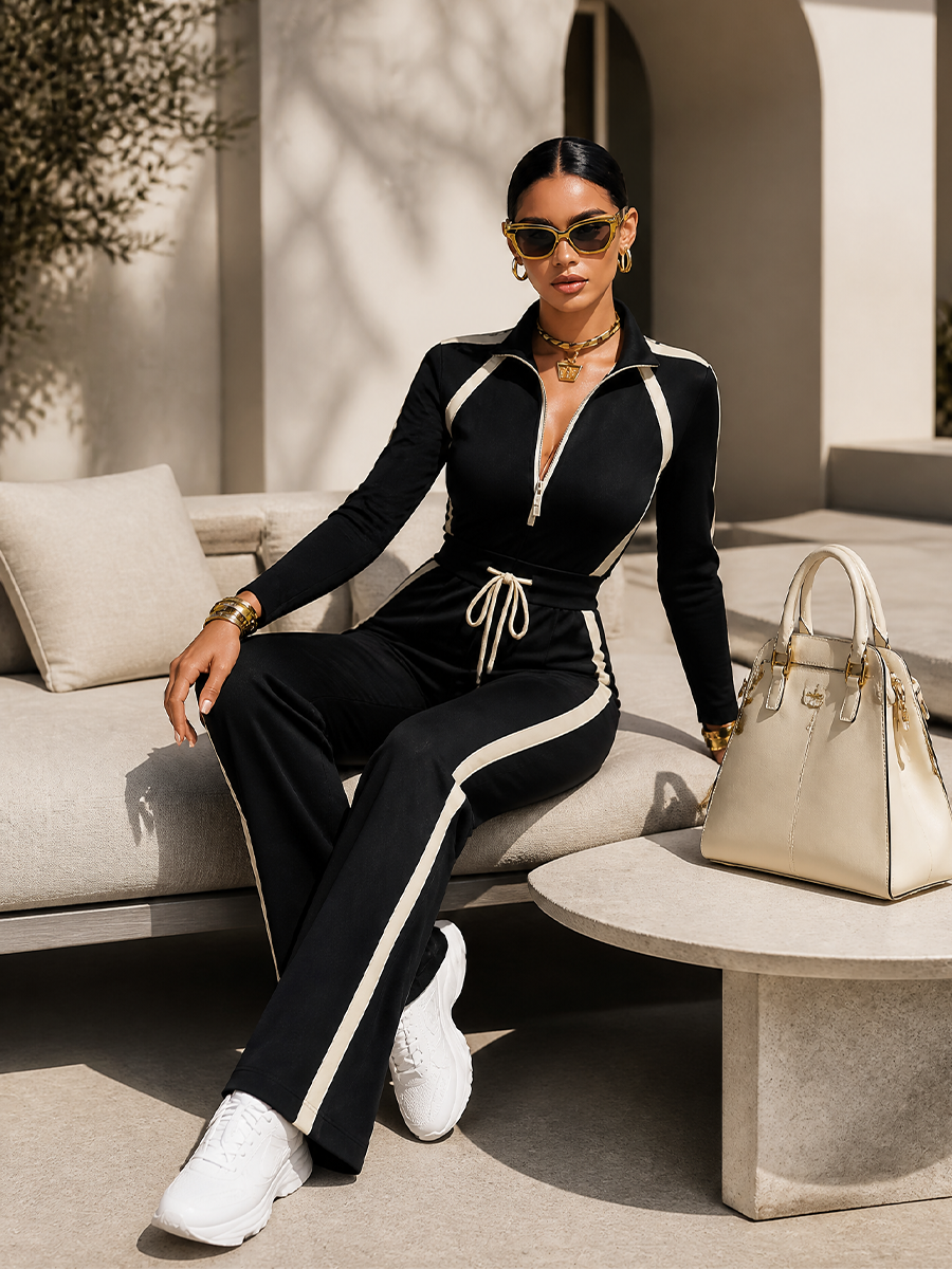 Monica | Completo Sportivo con Strisce a Contrasto Nere, Top con Zip e Pantalone a Gamba Larga con Cordoncino