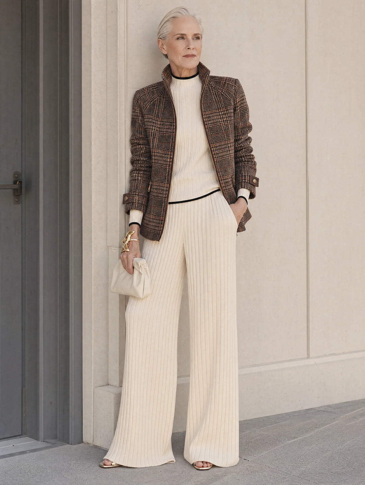Giacca Zip-Up in Mistura di Lana a Quadri Vintage da Donna con Collo Alto