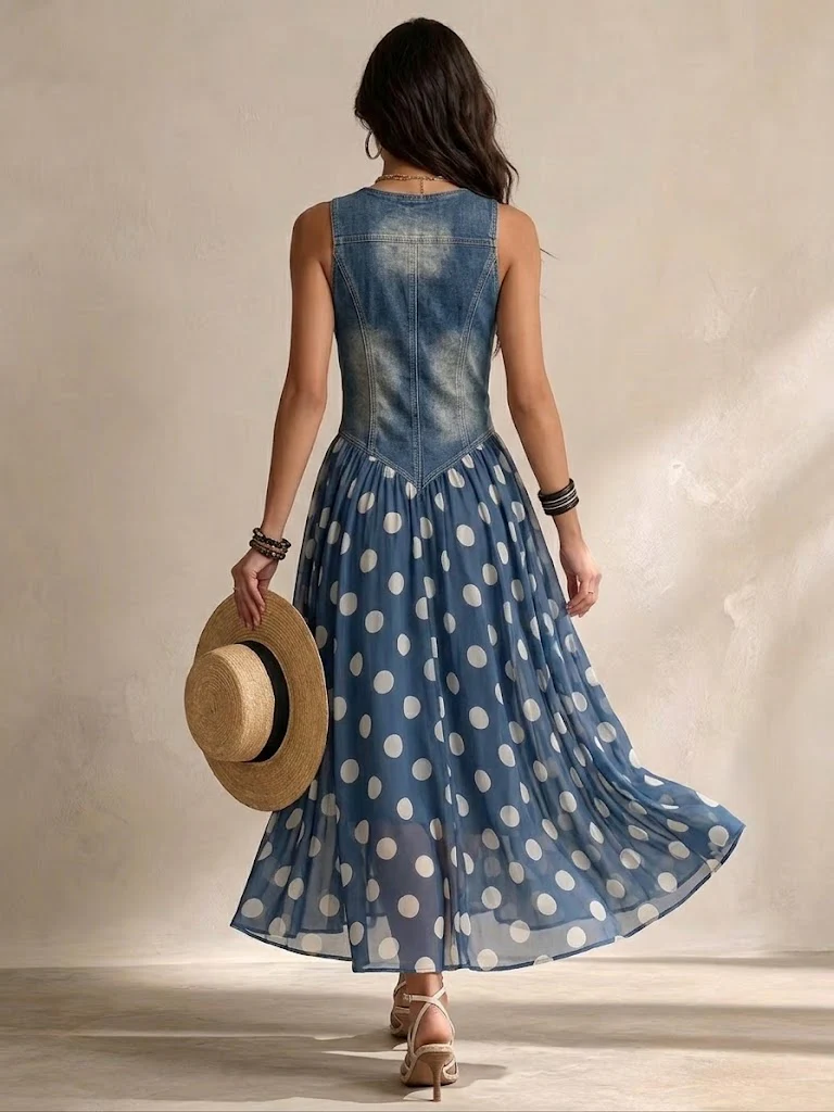 Adeline | Vestito Lungo in Denim a Pois