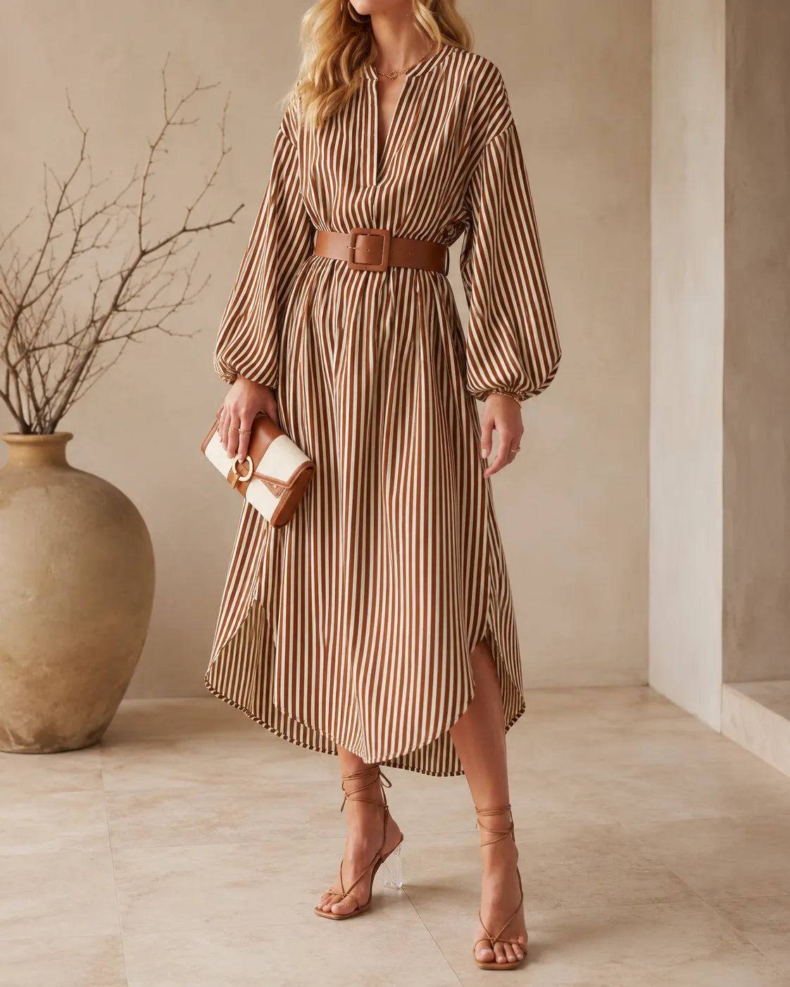 Sienna | Abito Camicia Midi a Strisce con Cintura