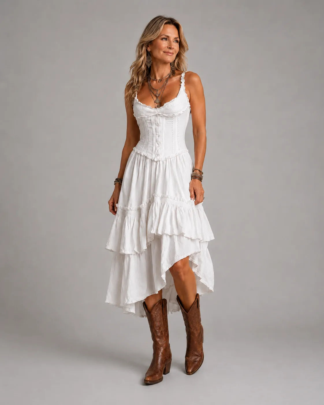 Abito Midi a Balze in Stile Boho Retro con Pizzo
