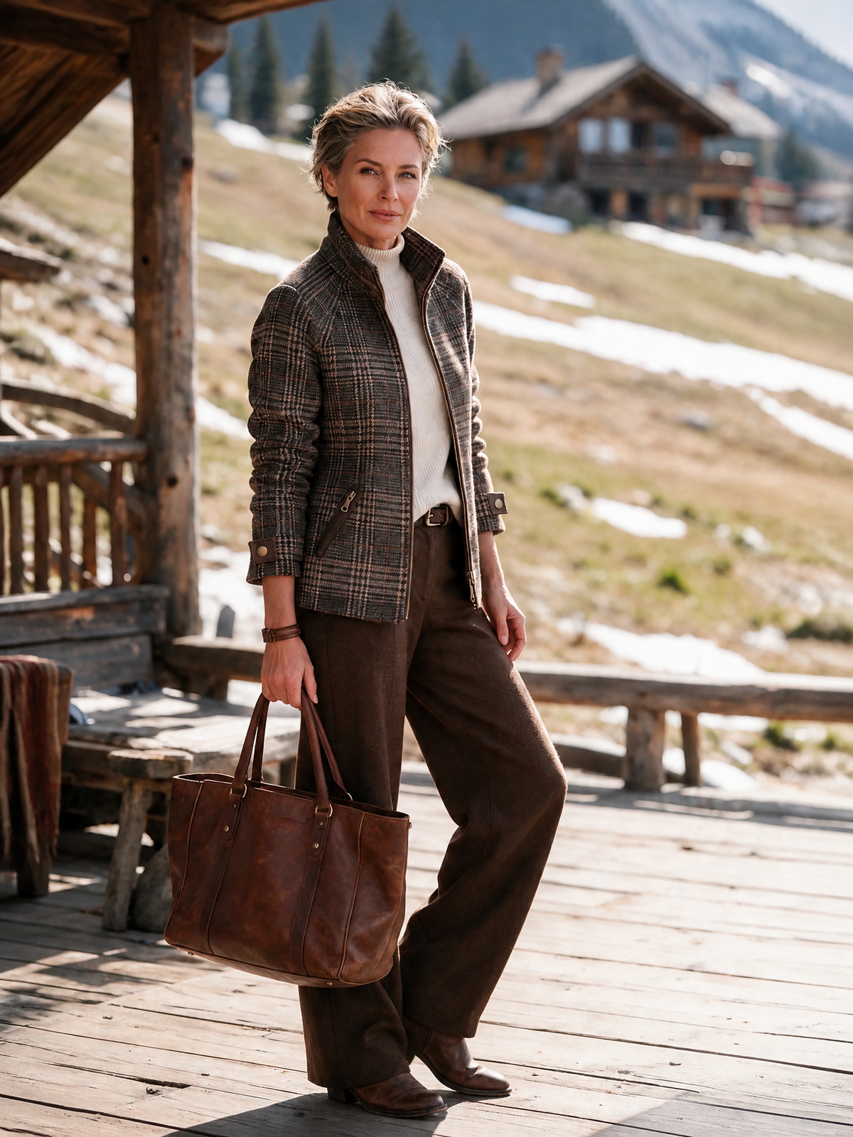 Giacca Zip-Up in Mistura di Lana a Quadri Vintage da Donna con Collo Alto