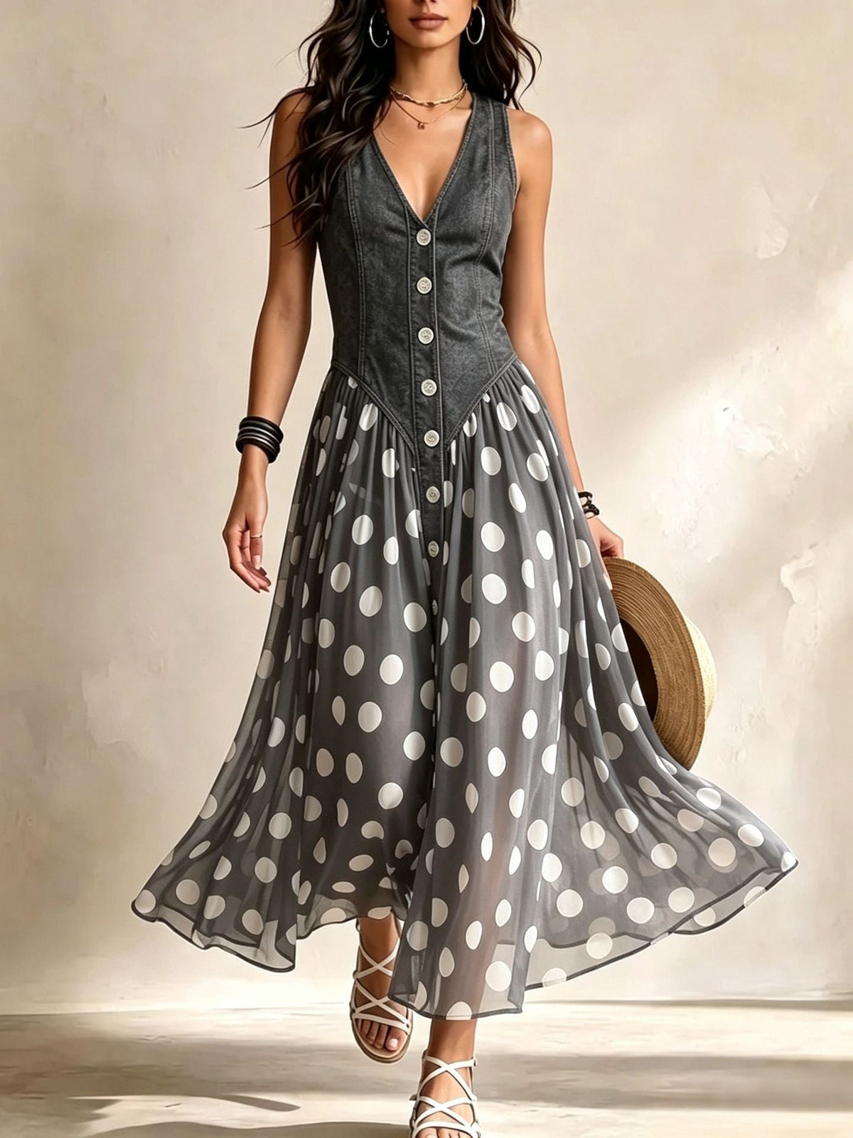 Adeline | Vestito Lungo in Denim a Pois