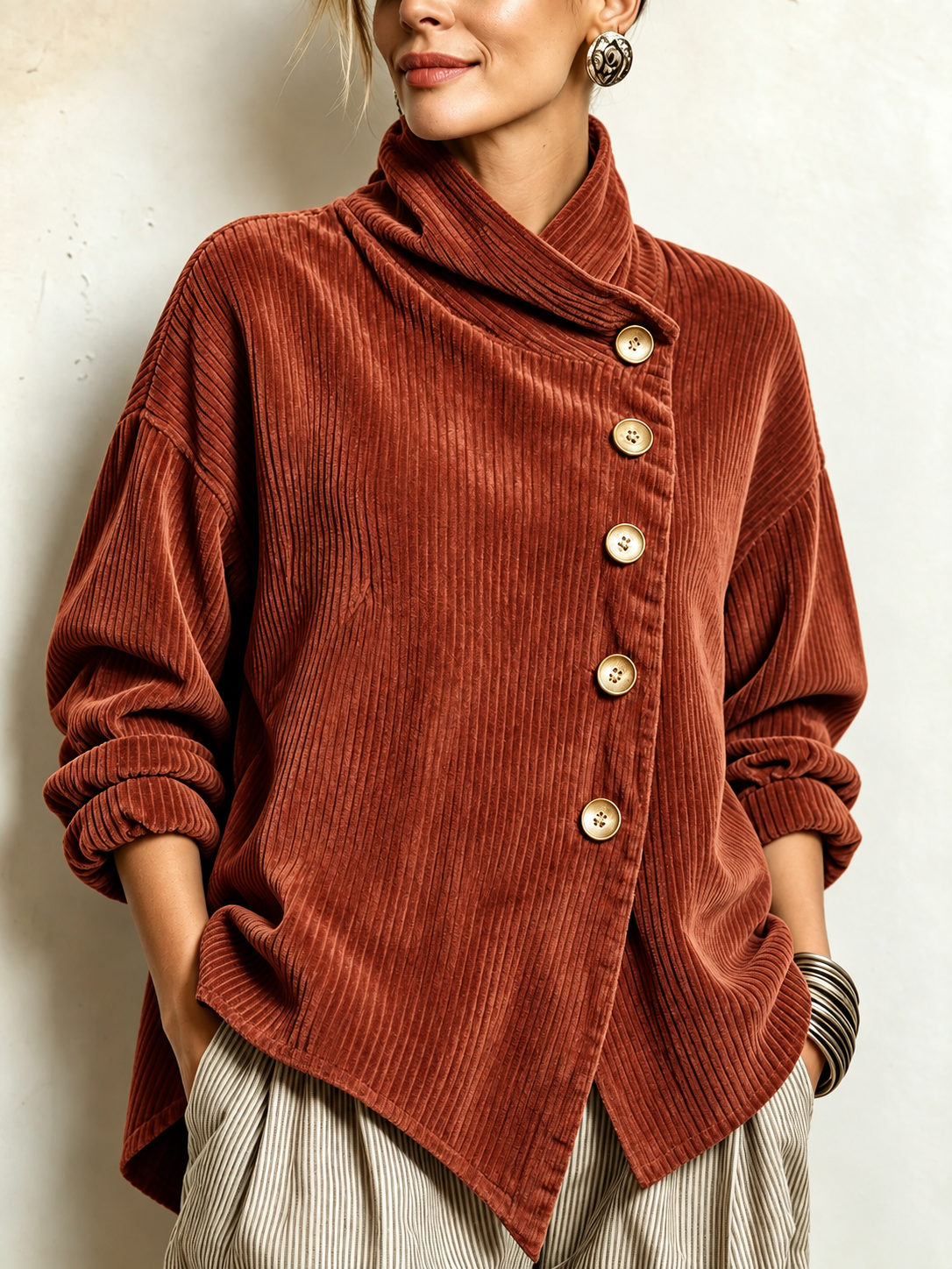 Olivia | La Camicia in Velluto a Coste Color Terracotta