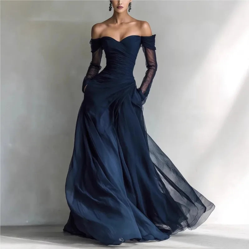 Beatrice | Abito Maxi Off-Shoulder con Maniche in Rete
