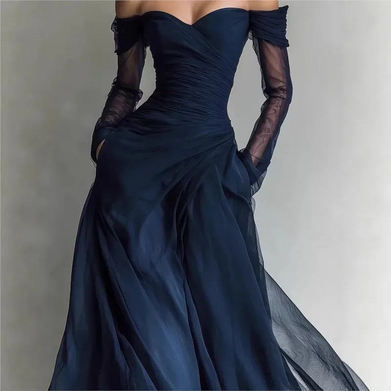 Beatrice | Abito Maxi Off-Shoulder con Maniche in Rete