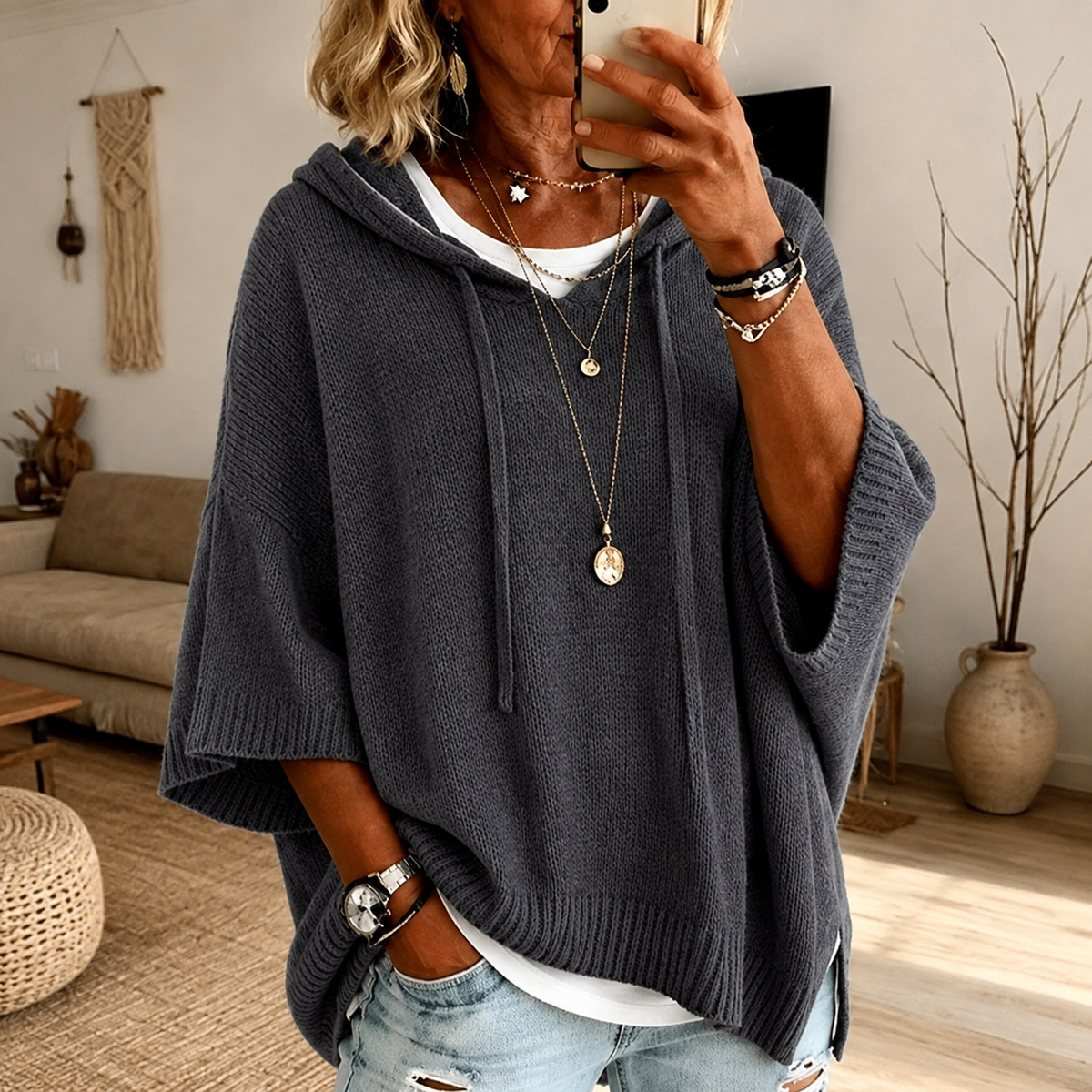 Camille – Poncho Sweater in Charcoal
