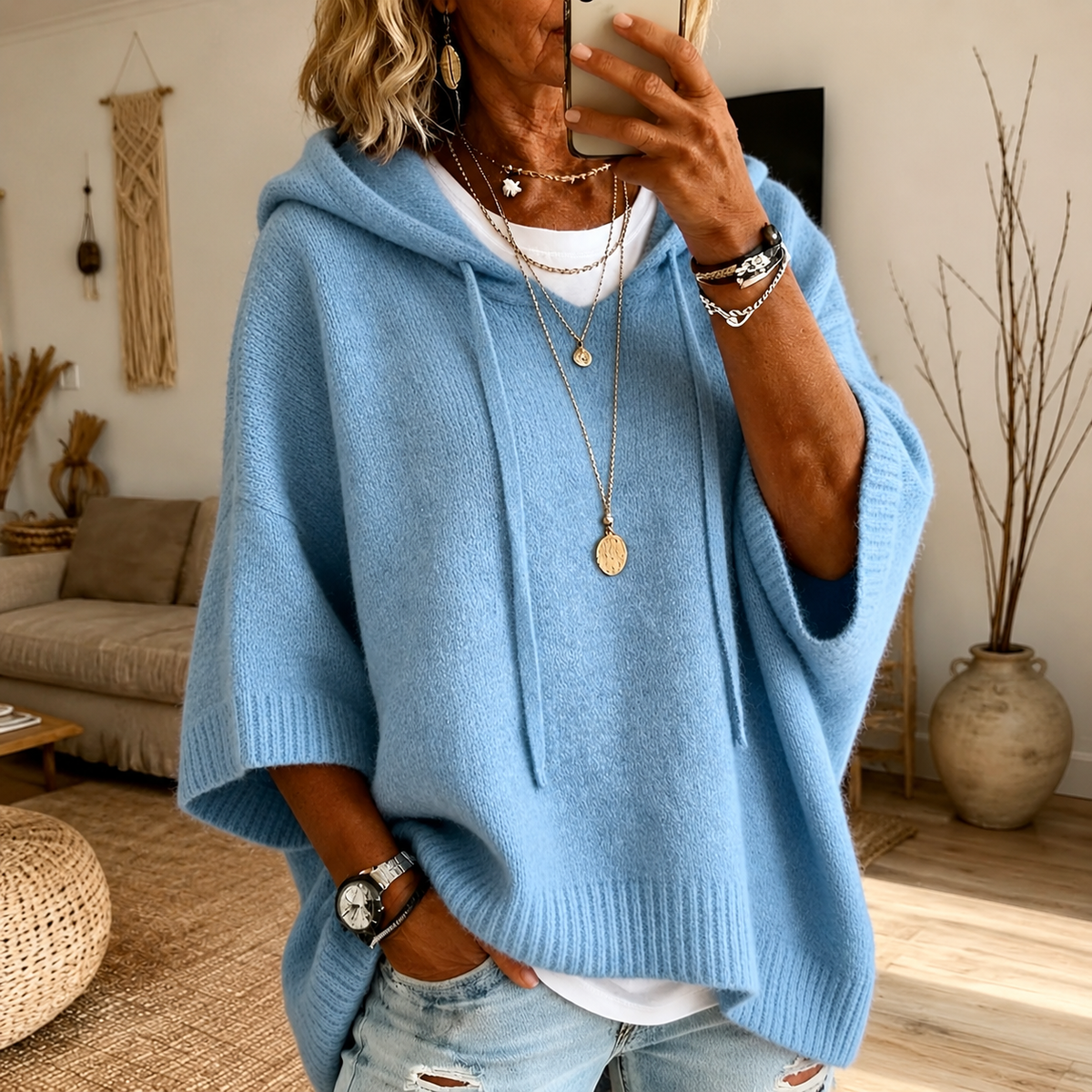Lea – Poncho Sweater Blu Cielo