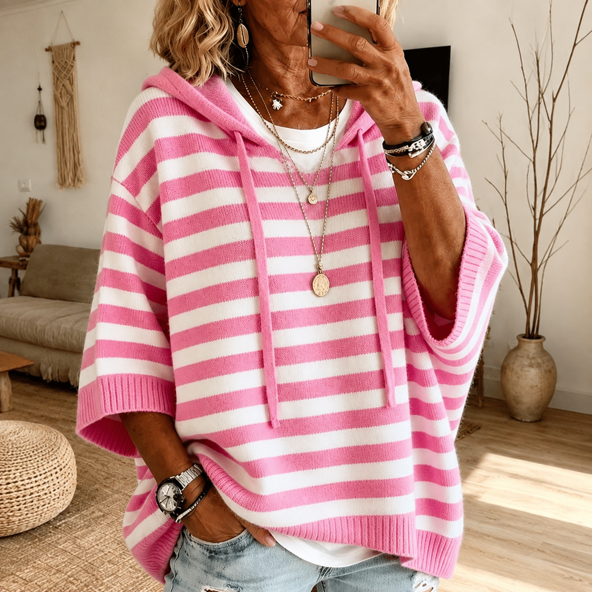 Emilie – Poncho Sweater a Righe Rosa