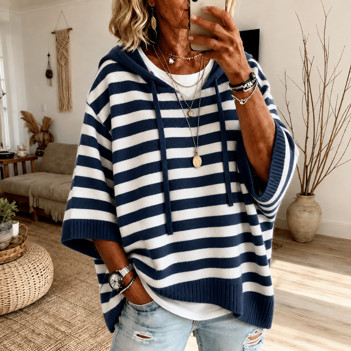 Poncho Sweater Marino – Blu Navy a Righe