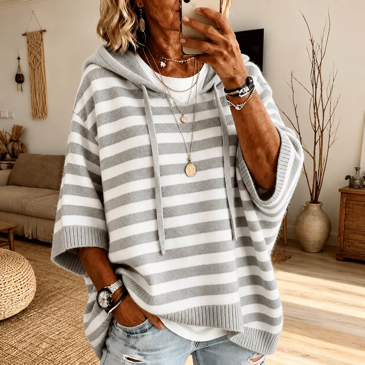 Celine – Poncho Sweater a Righe Grigio