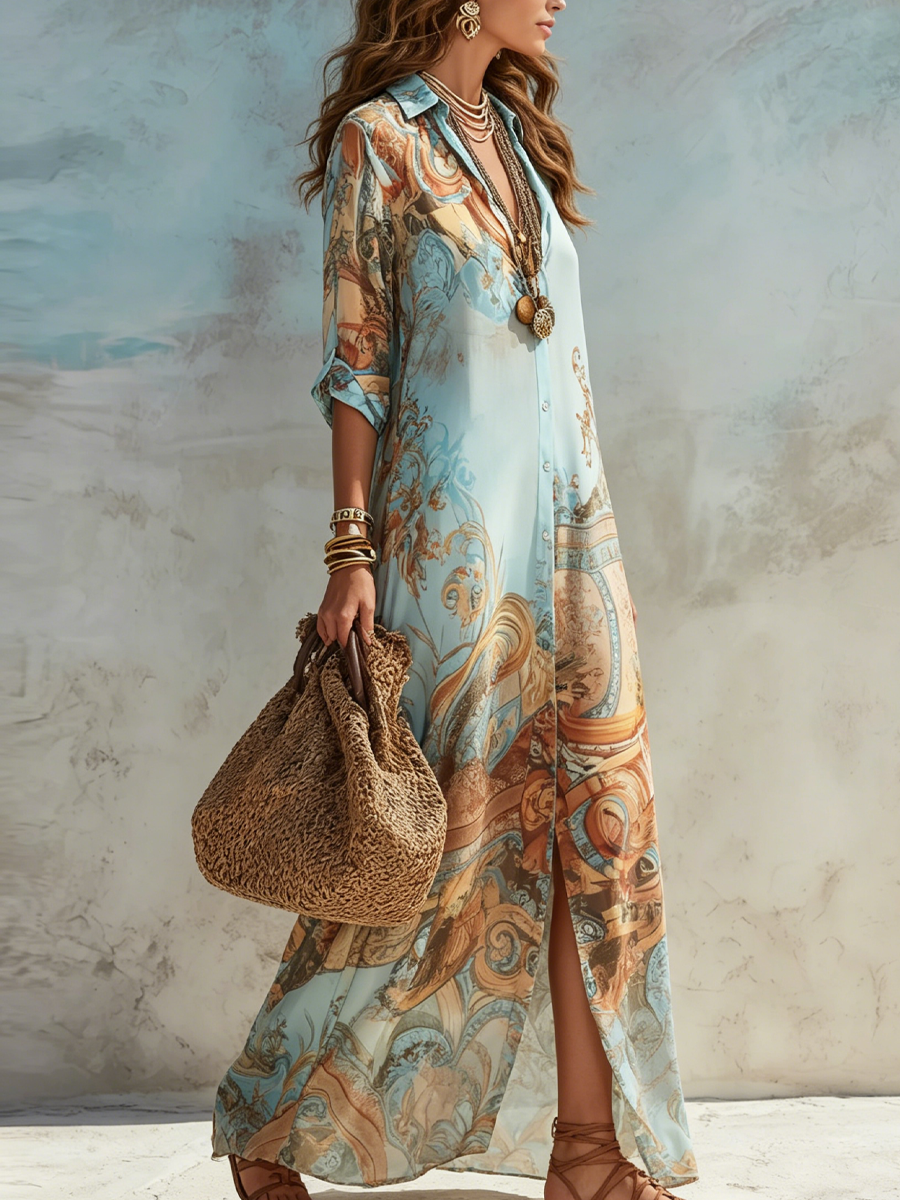 Valeria | Vestito Maxi con Stampa Floreale Blu per Vacanze