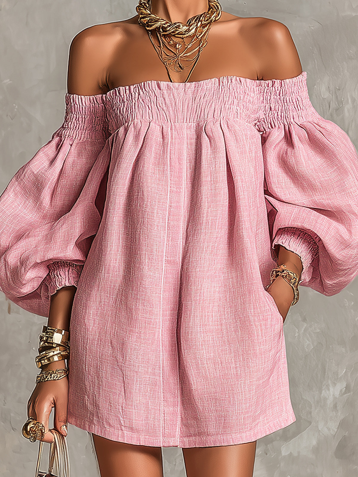 Violette | Abito Mini A-Line Rosa con Maniche a Lanterna e Spalle Scoperte