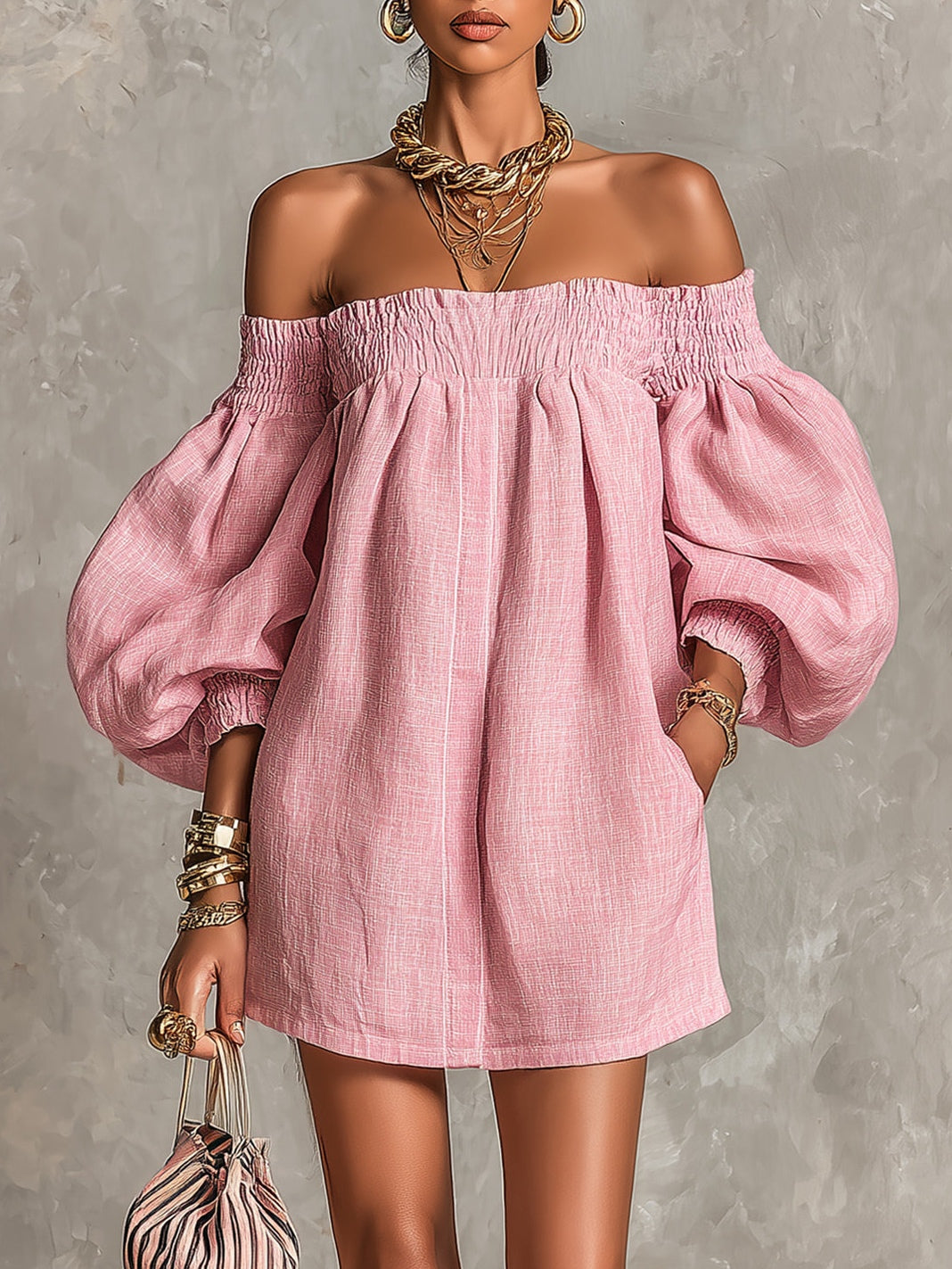 Violette | Abito Mini A-Line Rosa con Maniche a Lanterna e Spalle Scoperte