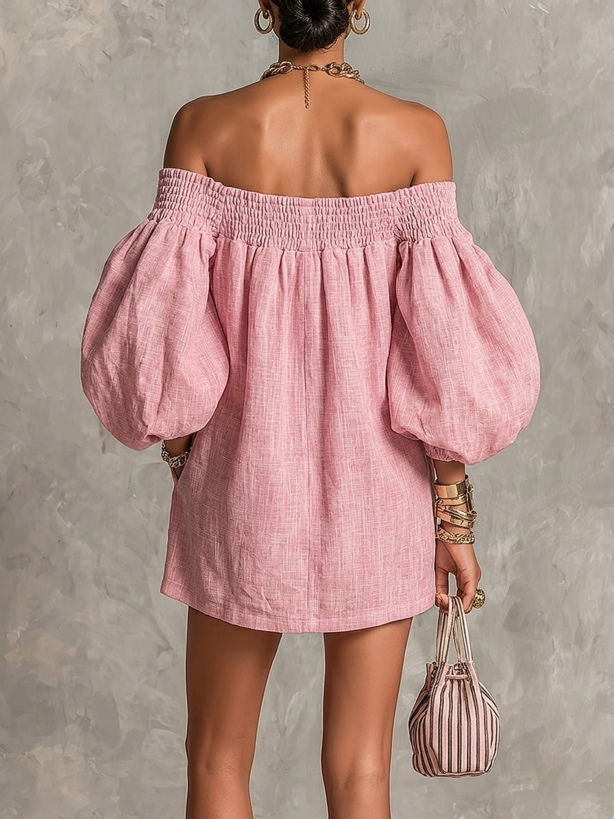 Violette | Abito Mini A-Line Rosa con Maniche a Lanterna e Spalle Scoperte