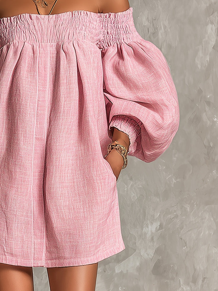 Violette | Abito Mini A-Line Rosa con Maniche a Lanterna e Spalle Scoperte