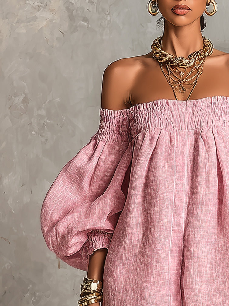 Violette | Abito Mini A-Line Rosa con Maniche a Lanterna e Spalle Scoperte