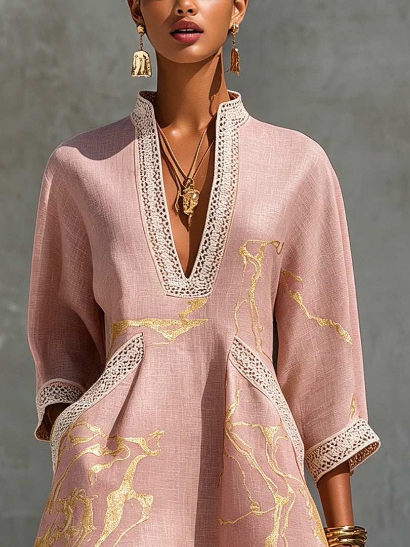 Seraphina | Vestito in pizzo all'uncinetto con scollo a V stampato in oro