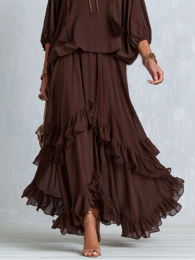 Manuela | Top in Chiffon Marrone con Frange e Scollatura a V Combinato con Gonna a Volant a Strati