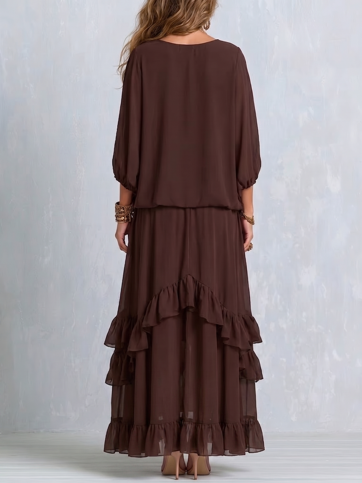 Manuela | Top in Chiffon Marrone con Frange e Scollatura a V Combinato con Gonna a Volant a Strati