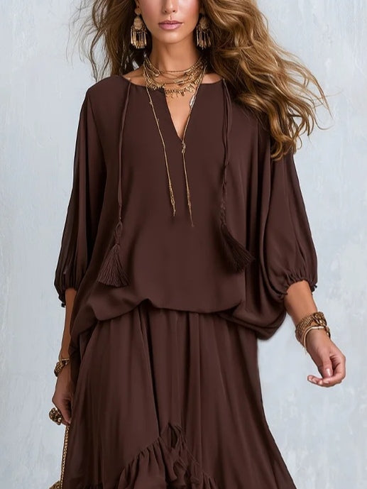 Manuela | Top in Chiffon Marrone con Frange e Scollatura a V Combinato con Gonna a Volant a Strati