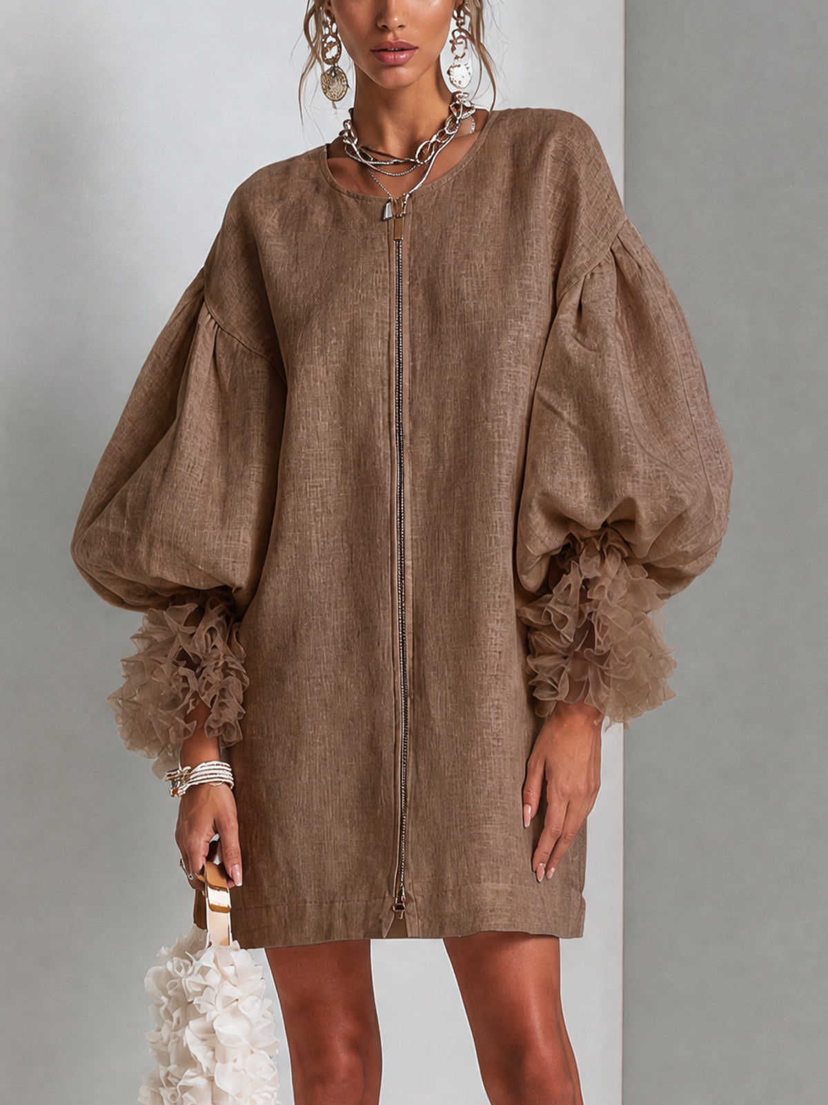 Wilhelmena | Vestito Mini con Maniche a Palloncino e Zip Frontale con Rouches
