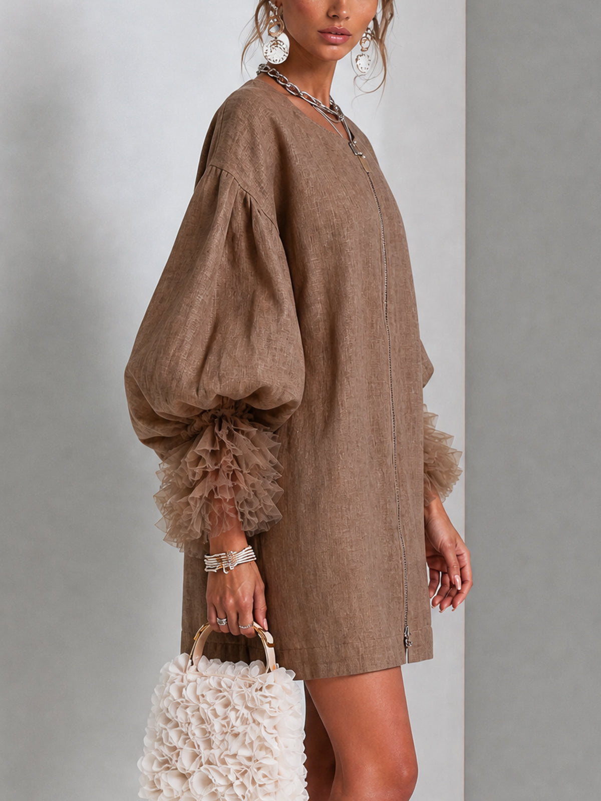 Wilhelmena | Vestito Mini con Maniche a Palloncino e Zip Frontale con Rouches
