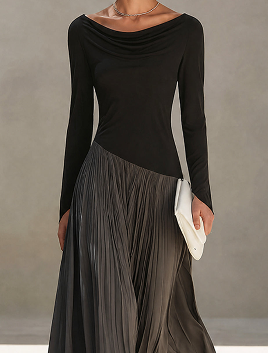 Marina | Vestito Maxi Plissettato con Collo Drappeggiato Bicolore Nero e Grigio