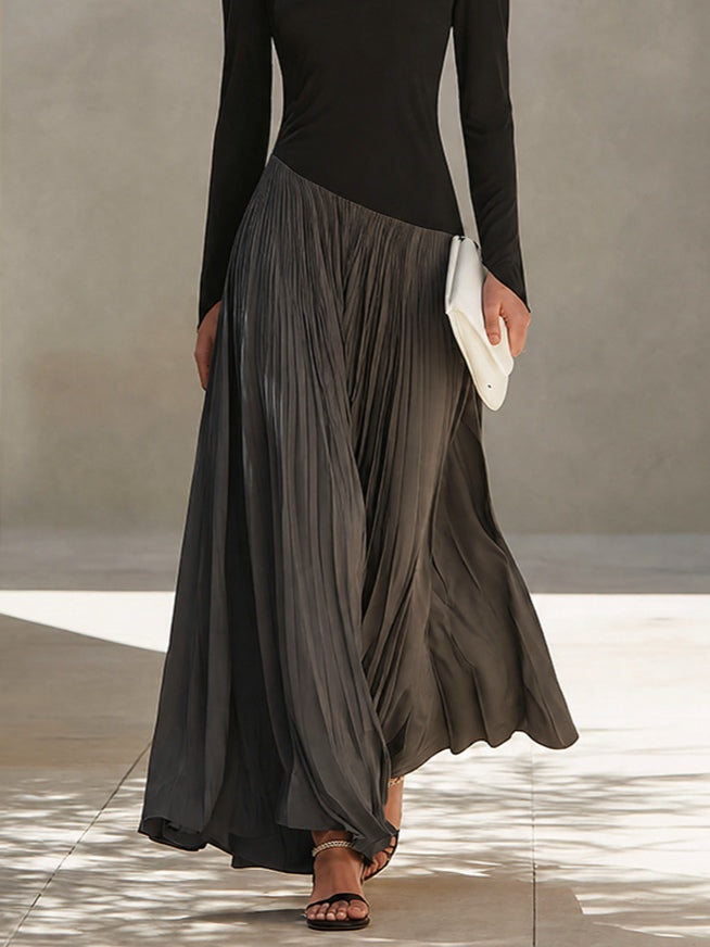 Marina | Vestito Maxi Plissettato con Collo Drappeggiato Bicolore Nero e Grigio