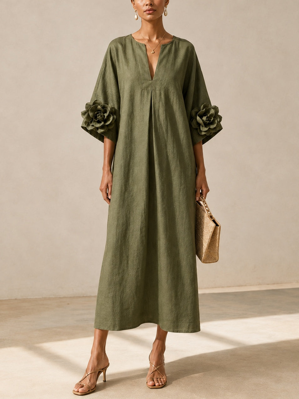JUNIPER | Abito Maxi Flowy con Maniche a Cuffia a Rosa
