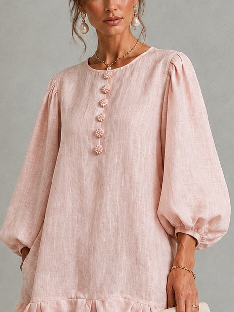 Anneliese | Abito Mini con Maniche a Palloncino e Bottoni Frontali con Orlo Ruffle