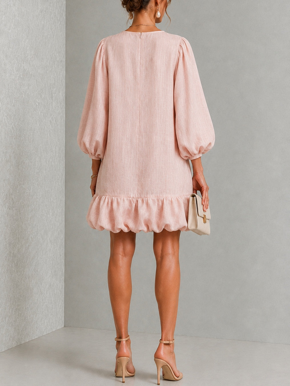 Anneliese | Abito Mini con Maniche a Palloncino e Bottoni Frontali con Orlo Ruffle
