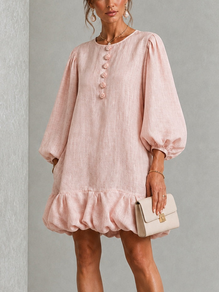 Anneliese | Abito Mini con Maniche a Palloncino e Bottoni Frontali con Orlo Ruffle