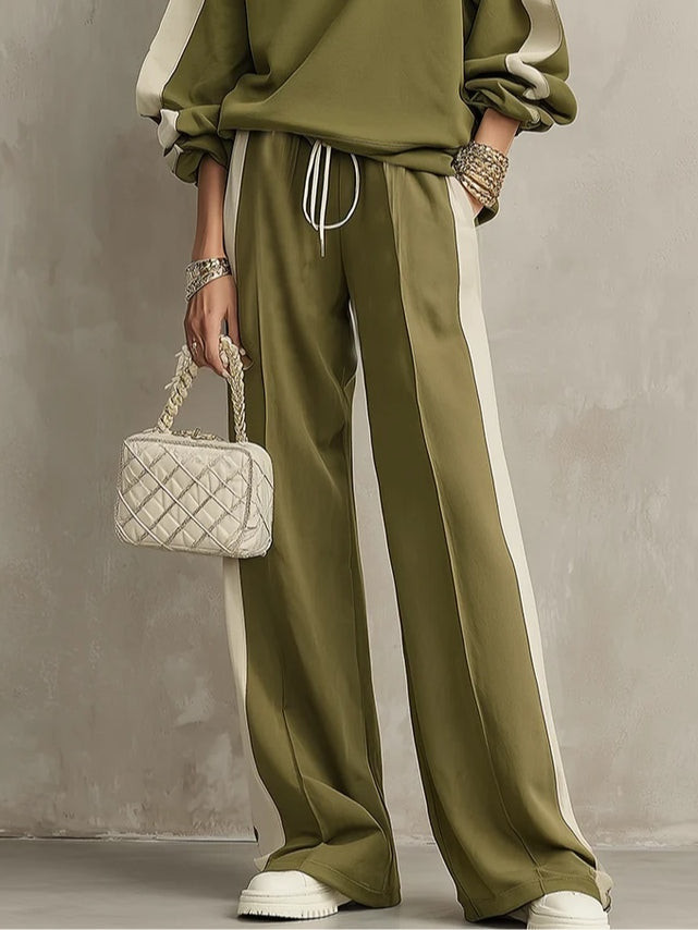 Sonia | Completo Casual in Felpa Verde Oliva con Collo Rotondo e Pantaloni Larghi con Coulisse