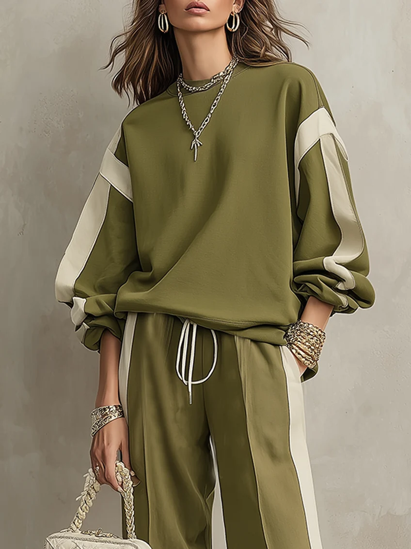 Sonia | Completo Casual in Felpa Verde Oliva con Collo Rotondo e Pantaloni Larghi con Coulisse
