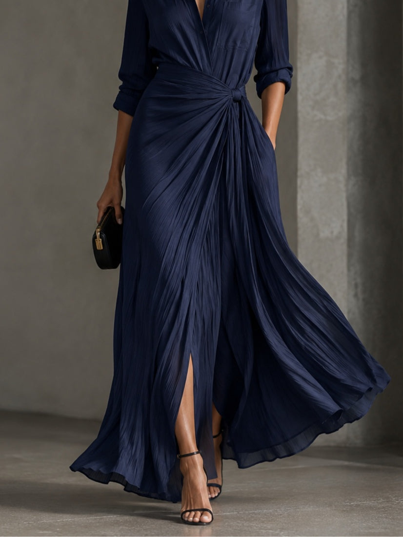 Gabriella | Elegante Vestito Camicia Maxi Blu Marino Annodato