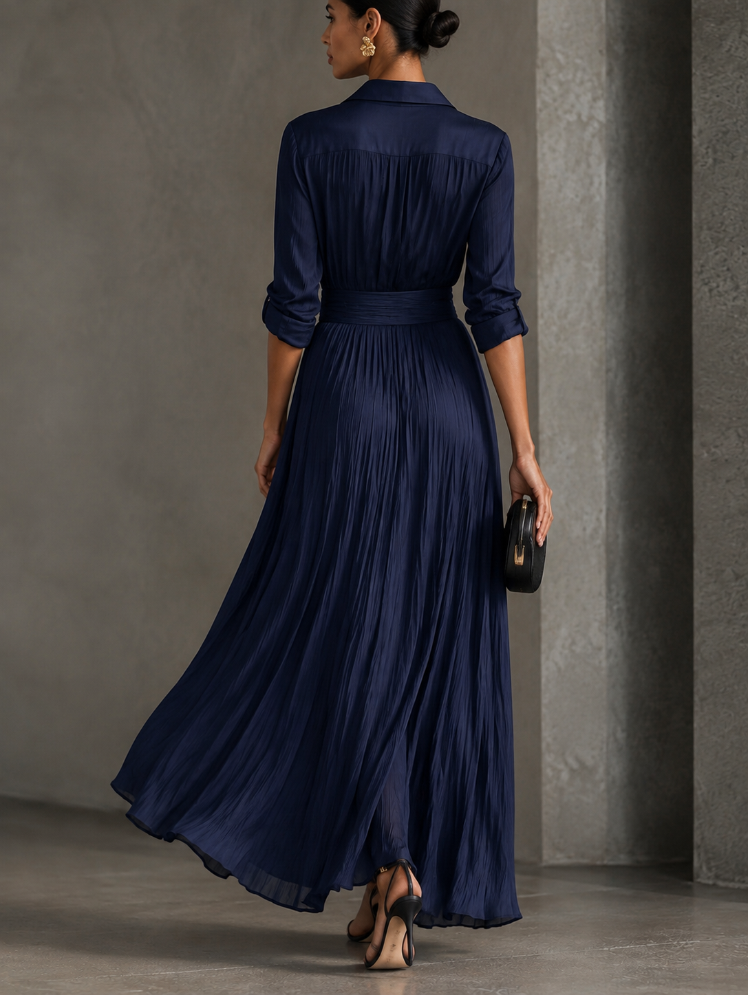 Gabriella | Elegante Vestito Camicia Maxi Blu Marino Annodato